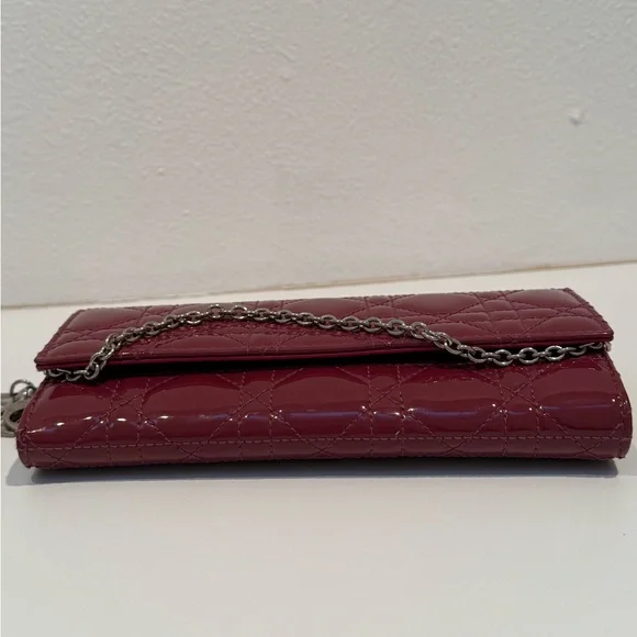 Christian Lady Dior Fuchsia Patent Leather Cannage Rendezvous Wallet Chain WOC - Picture 6 of 11